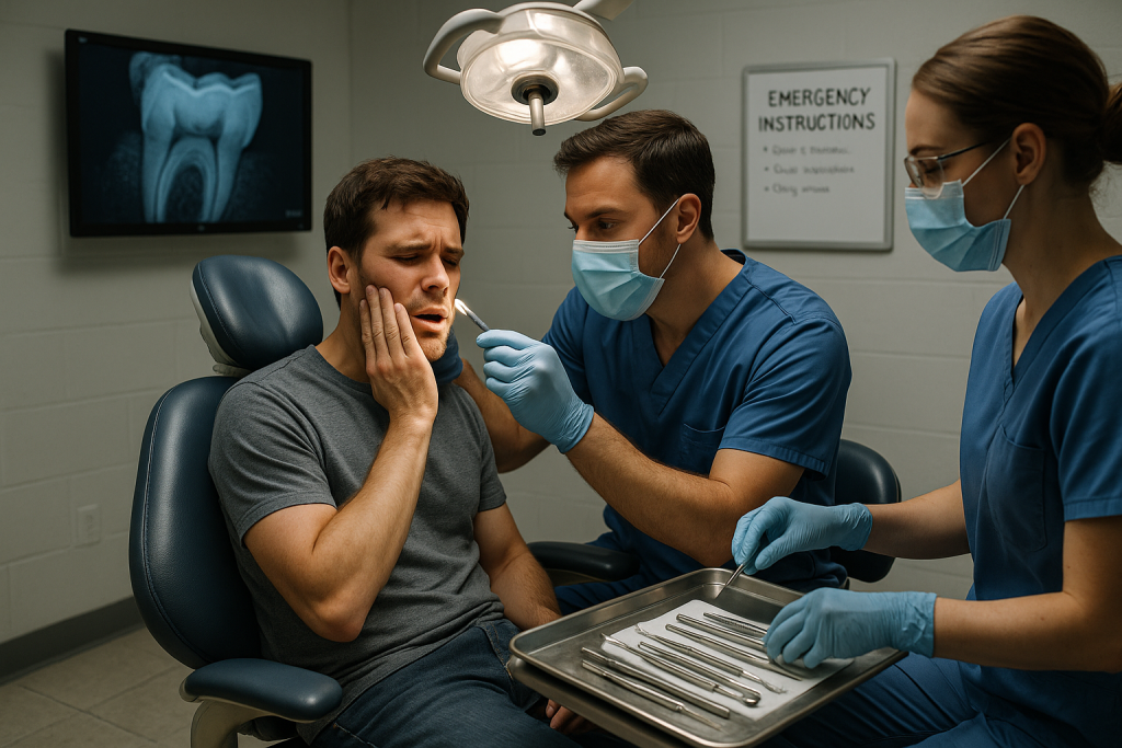 A dentist in blue scrubs examines an anxious patient with jaw pain in a modern dental clinic. The assistant prepares dental instruments beside a digital X-ray showing a cracked molar, capturing the urgency and focus of emergency dental care.