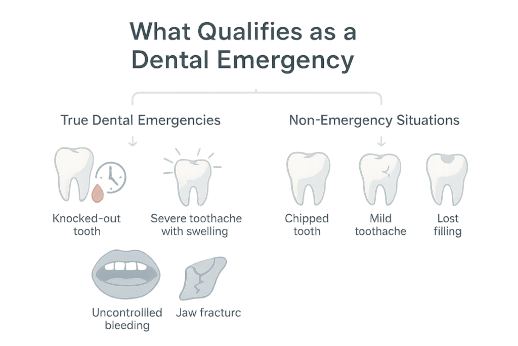 Educational infographic divides true dental emergencies; knocked-out tooth, severe toothache with swelling, uncontrolled bleeding, jaw fracture, from non-emergency dental issues like chipped tooth, mild toothache, and lost filling.