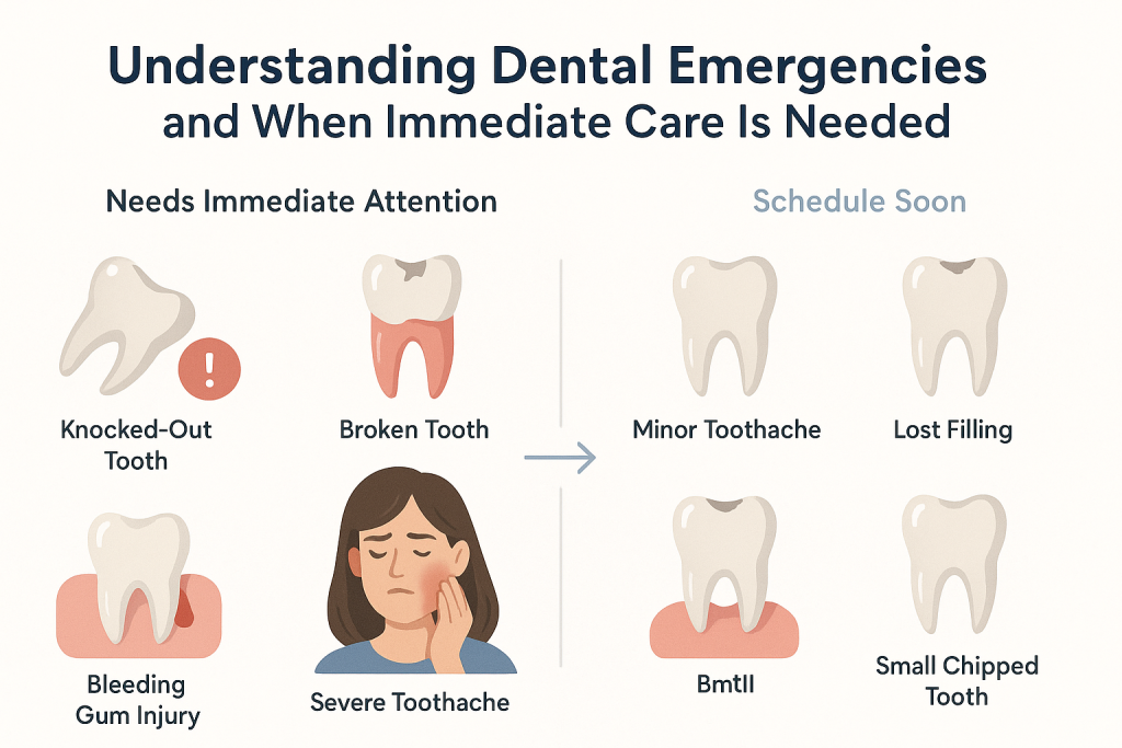 Infographic showing urgent dental emergencies like knocked-out, broken tooth, swelling, and bleeding gums, versus non-emergencies such as minor toothache or lost filling.