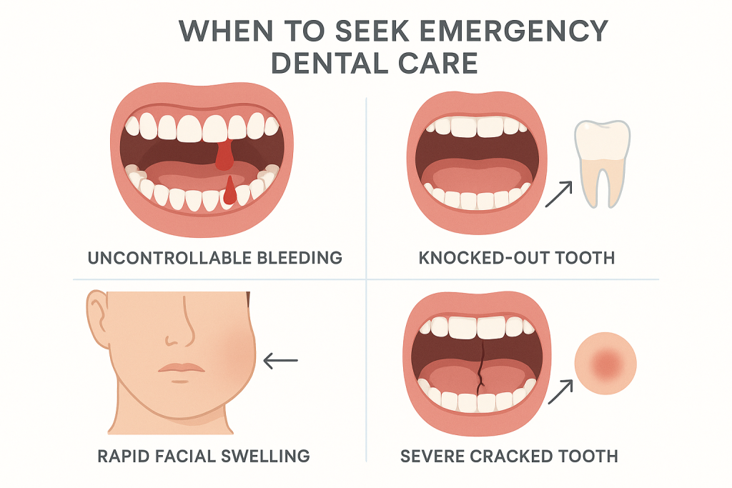 Educational infographic showing four dental emergencies: uncontrolled gum bleeding, knocked-out tooth, severe facial swelling, cracked tooth with pulp exposure, and spreading abscess.