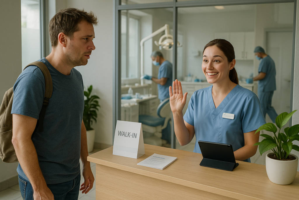 A concerned patient is warmly greeted by a dental assistant at a modern walk-in dental clinic, highlighting immediate assistance without scheduling. Visible in the background are clean dental tools, a dentist preparing a treatment room, and walk-in pamphlets at the front desk.