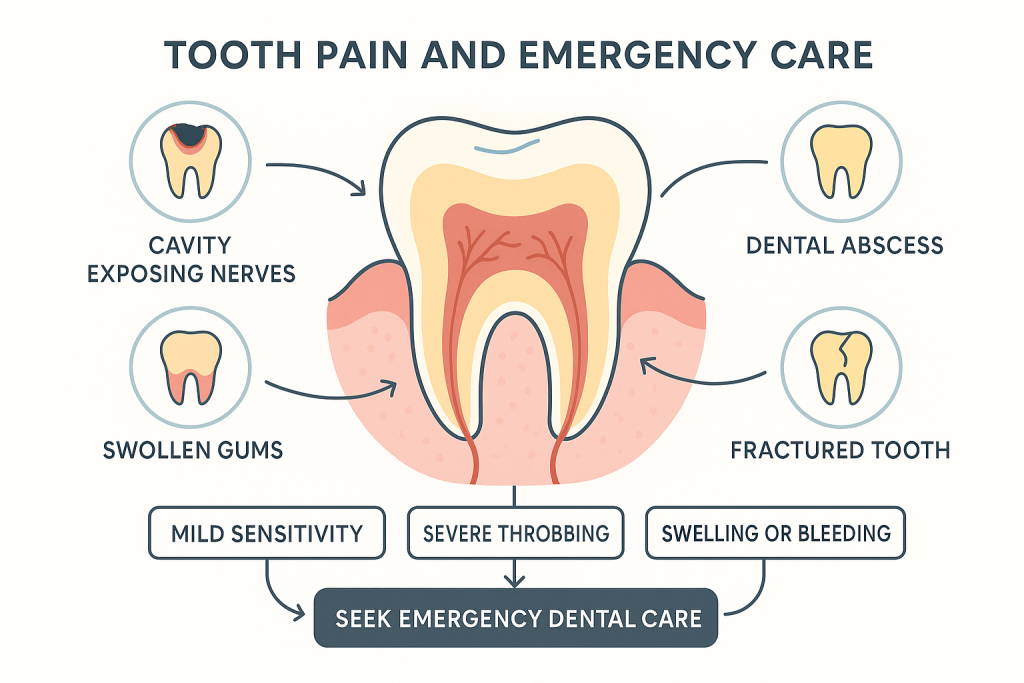 Infographic showing cross-section of a tooth with labels for cavity, abscess, fracture, and gum inflammation. Colored zones indicate pain and healthy areas. Callout bubbles explain each issue. Bottom flowchart guides when to seek emergency dental care based on pain severity and swelling.