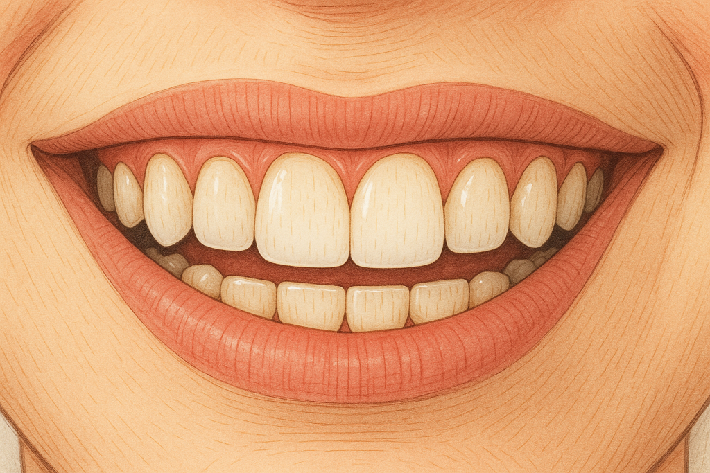 Close-up illustration of a smiling mouth showing a front tooth repaired with dental composite. The repaired tooth blends with natural teeth, displaying subtle enamel texture, slight coffee staining, hydrated lips, and healthy gum contours, demonstrating effective and natural-looking broken tooth restoration.