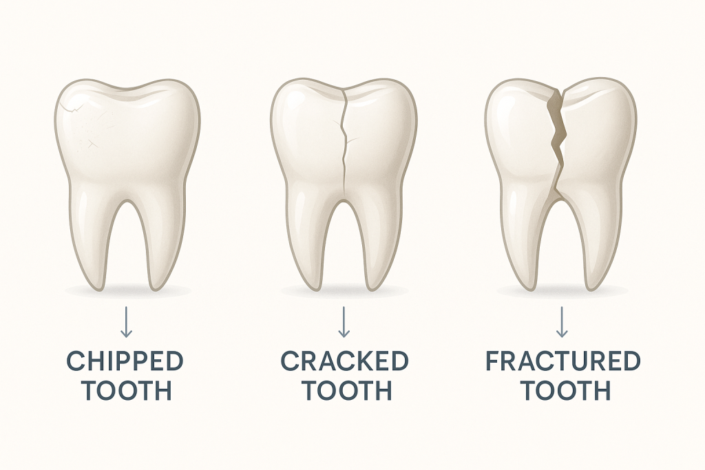 Educational poster showing three detailed vector molars: one chipped, one with a vertical crack, one fractured into two parts, each labeled as chipped, cracked, or fractured tooth on a clean off-white background with soft gradients and minimalist dental anatomy illustration.