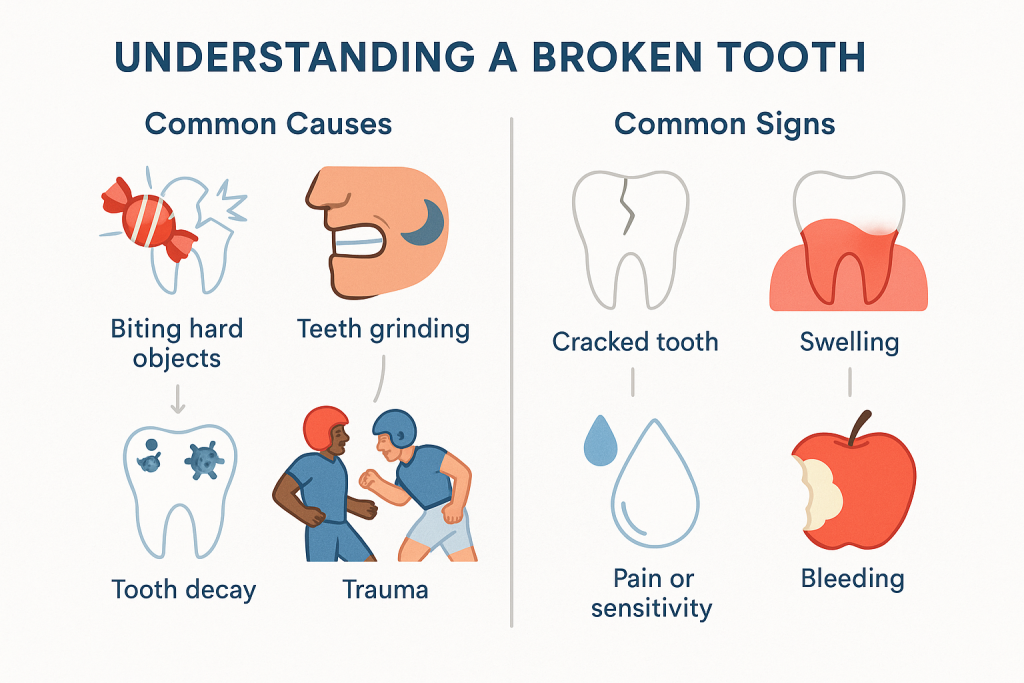 Educational infographic illustrating main causes and signs of a broken tooth, including icons for hard candy, teeth grinding, sports injury, tooth decay, and symptoms like cracked tooth, swollen gums, pain sensitivity, and blood on bitten apple, all on a clean white background.
