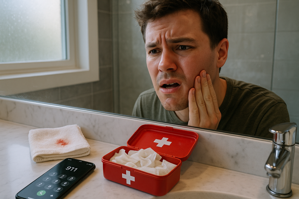 A young adult with a swollen jaw winces in pain, gently touching their cheek in a modern bathroom. A blood-stained towel, open first aid kit, and a phone partially dialed to 911 highlight a dental emergency needing immediate attention.