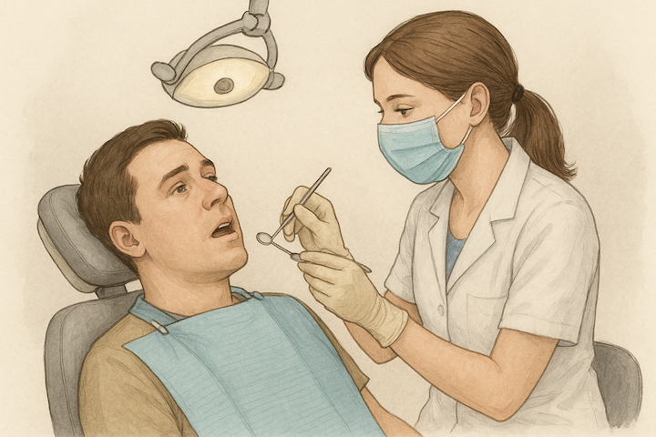 A dentist examines a patient’s mouth, focusing on a broken tooth, in a realistic, professional setting. The image illustrates dental care for chipped, cracked, or broken teeth, emphasizing support and treatment during a dental visit.