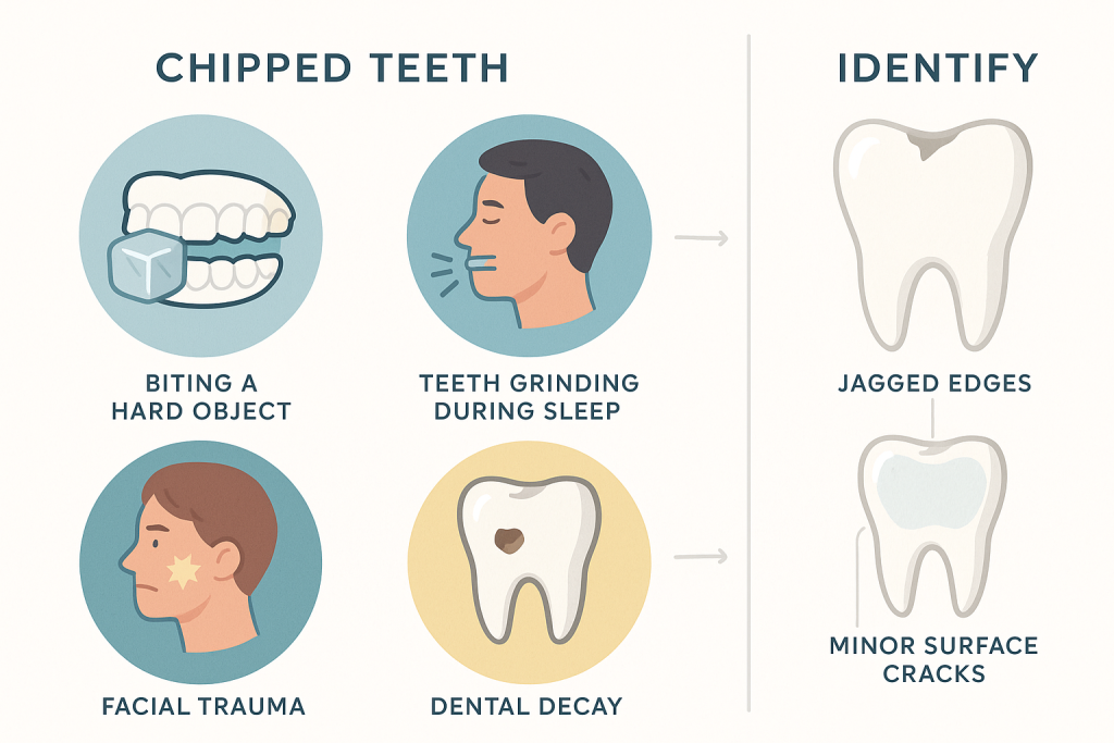 Educational infographic showing main causes of chipped teeth: biting hard objects, teeth grinding, facial trauma, and tooth decay with clear vector icons and linked identification tips, including chipped edges, sensitivity, and cracks.