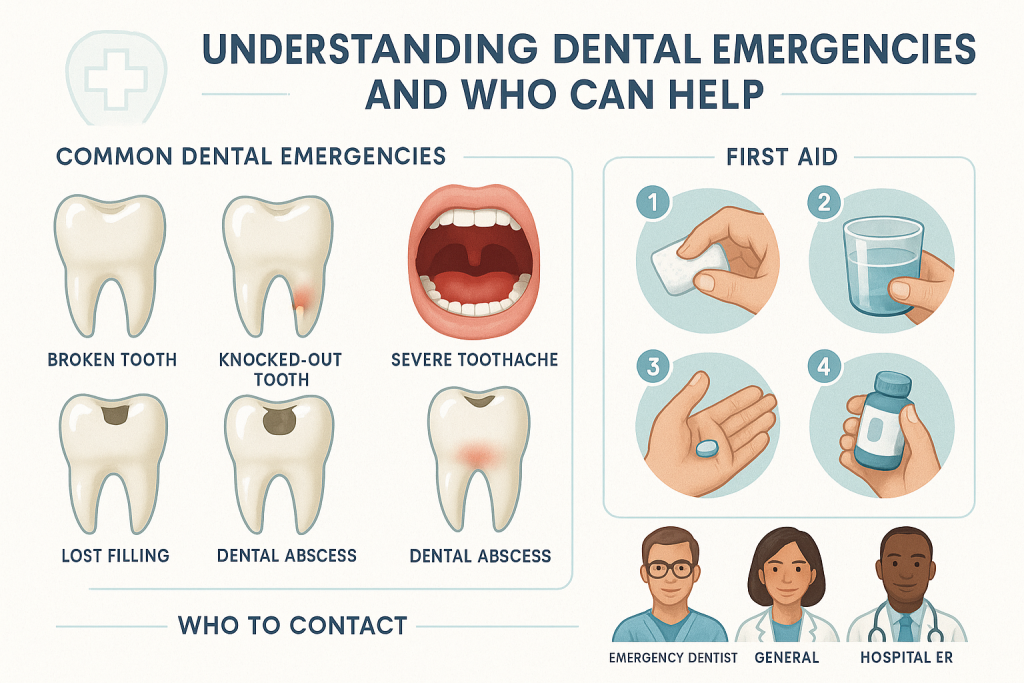 Educational poster infographic showing common dental emergencies, step-by-step first aid with icons, and portraits of professionals to contact, including emergency dentist, general dentist, and ER doctor. Clean vector design with subtle colors, ideal for clinic waiting rooms or classrooms.