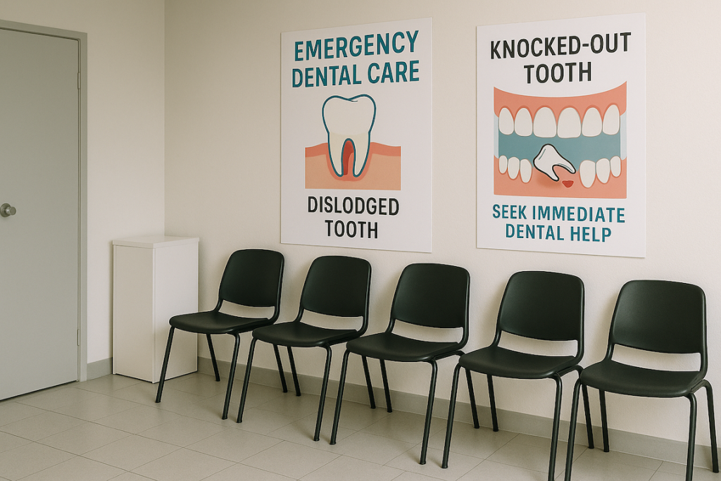 Empty dental clinic waiting room with chairs and dental posters, illustrating the urgency and importance of seeking emergency dental care, with no people present to avoid distractions and maintain focus on the need for immediate professional attention.
