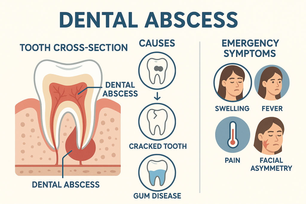 Educational poster of a tooth cross-section showing a dental abscess, a causes flowchart including decay, cracked tooth and gum disease, plus visual guides for emergency symptoms like swelling, pain, fever, and facial asymmetry. Clean vector style, clear icons, and clinical color palette.