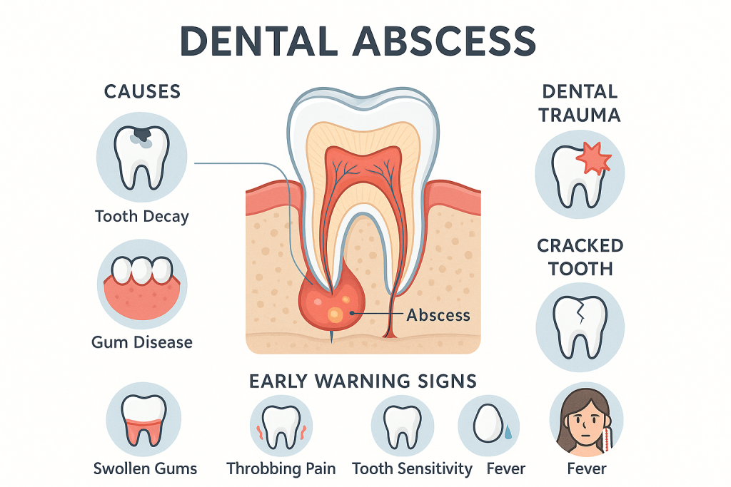 Educational infographic displaying a molar cross-section with abscess, showing pus near the root. Icons illustrate causes like tooth decay and cracked teeth, and early symptoms such as swollen gums, throbbing pain, sensitivity, and fever. Clear labels and modern vector art ensure accessibility.