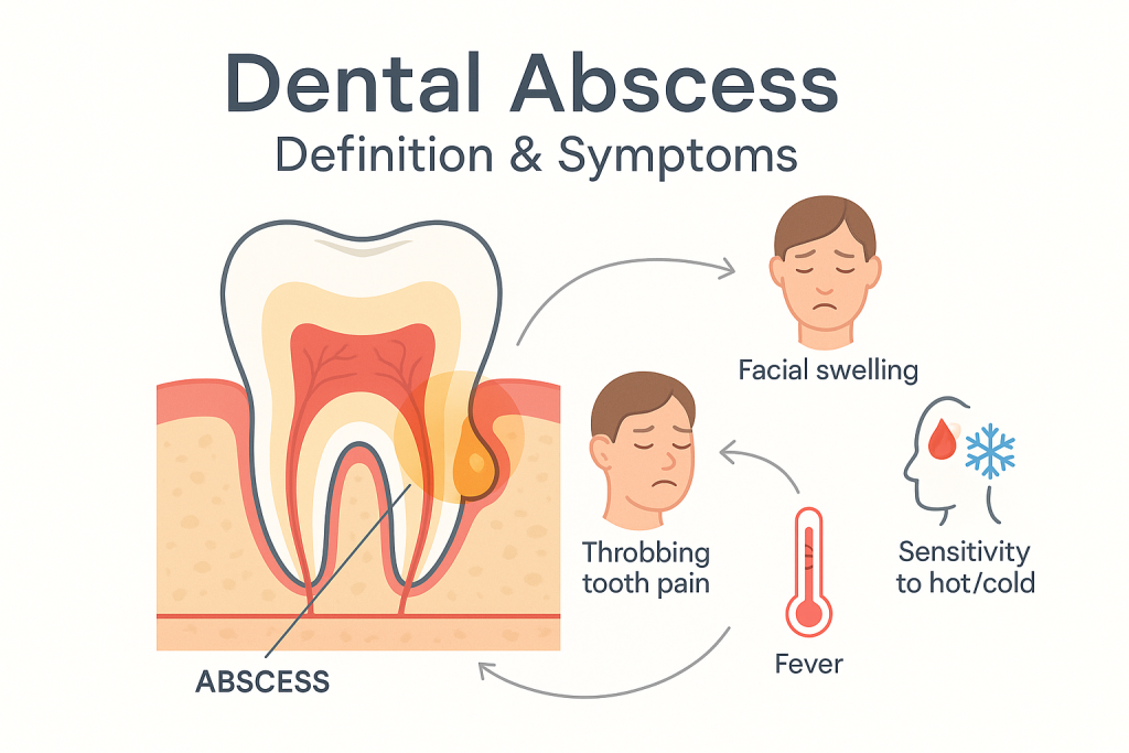 Educational infographic showing a labeled tooth cross-section with dental abscess and common symptoms: facial swelling, throbbing tooth pain, fever, sensitivity to hot or cold, and swollen lymph nodes. Clear icons, readable text, and arrows provide an accessible overview of dental abscess symptoms and definition.