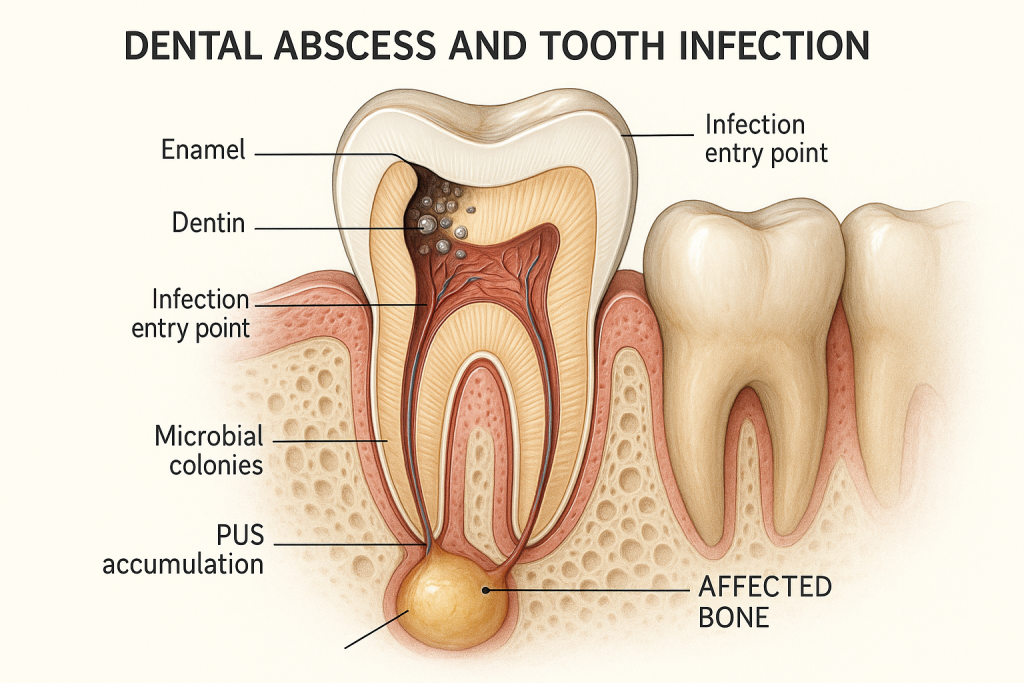 Cross-section diagram of a human molar and gums showing a dental abscess at the root tip, labeled anatomical structures, inflamed tissue, pus accumulation, and entry points for infection. Microbial colonies and subtle dental details illustrate infection risks and abscess formation.