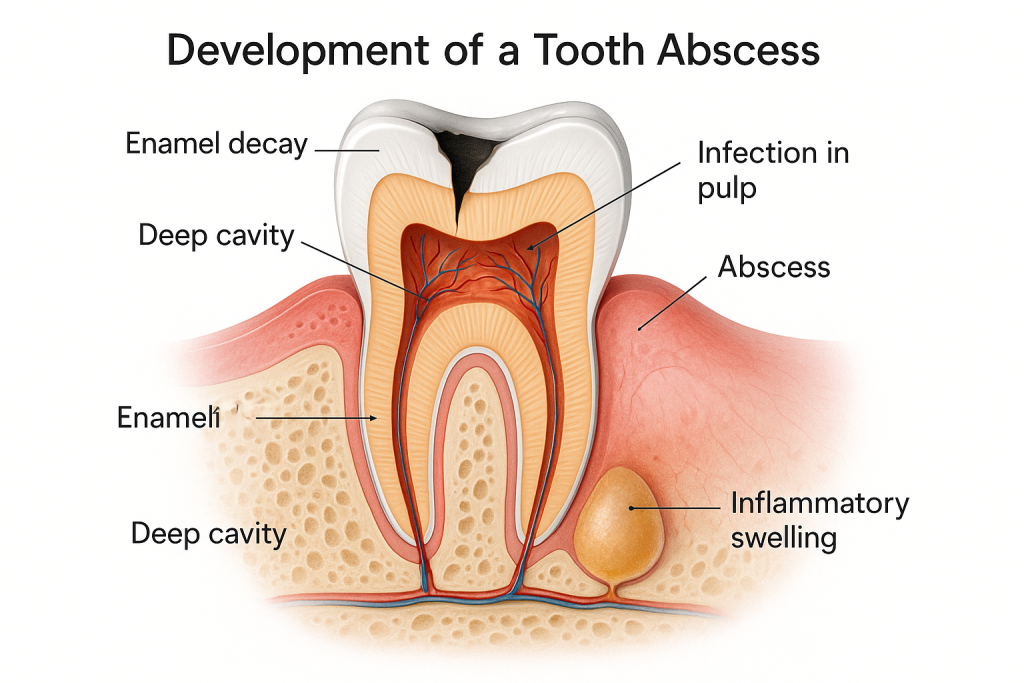 Labeled cross-section diagram showing a molar’s tooth abscess development, from enamel decay through pulp infection to abscess formation at the root tip, with realistic enamel, dentin, pulp, inflamed gums, and annotations explaining each disease stage. Clinical, clear illustration for dental education.