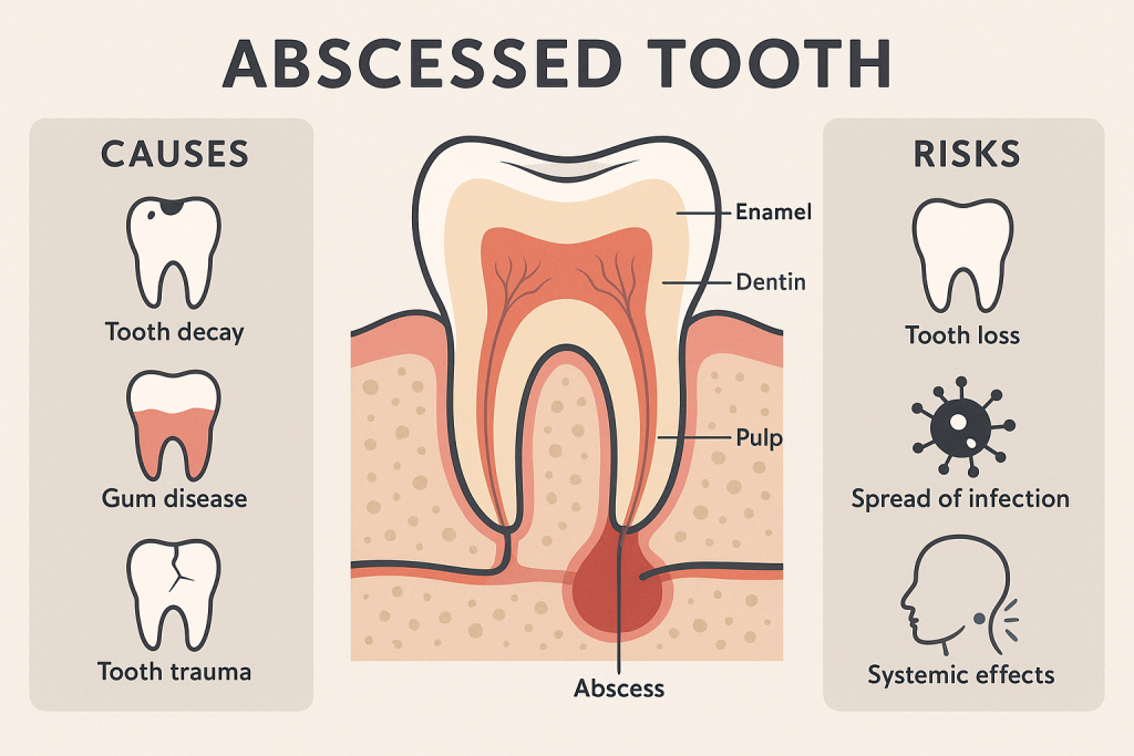 A clear dental diagram shows bacteria moving from a cavity into the pulp and root of a molar. The image uses labeled tooth layers and a highlighted infection area to help patients understand how a tooth infection can become a painful dental abscess.