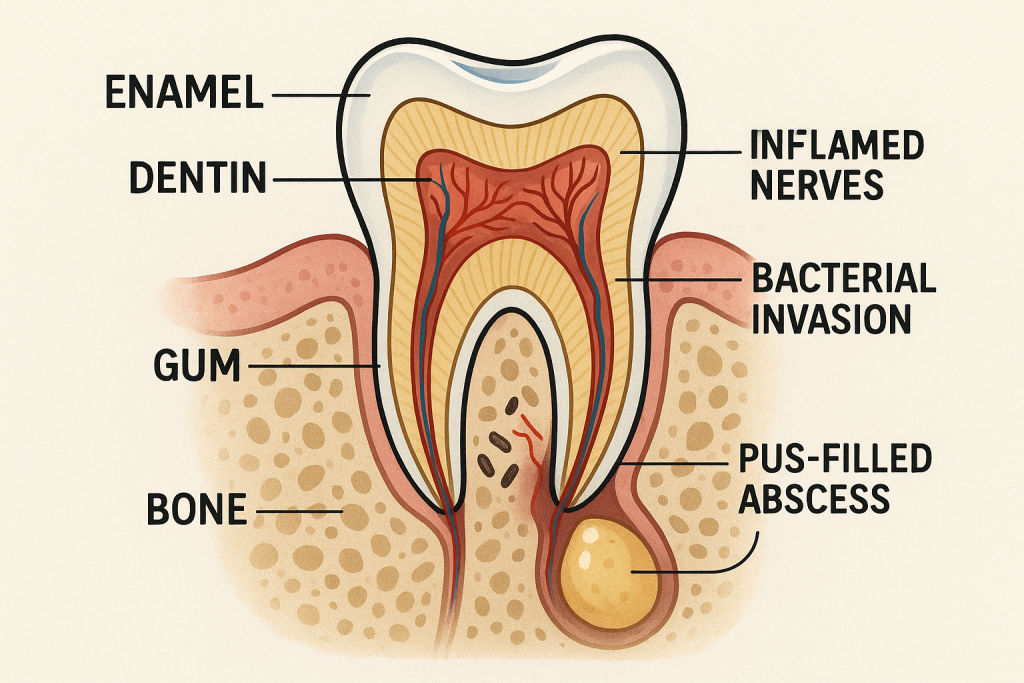 Cross-section of a human molar illustrating tooth infection spreading from enamel through dentin and pulp, causing inflamed nerves and bacterial invasion, leading to a pus-filled abscess at the tooth root, with gum and bone structures clearly labeled.