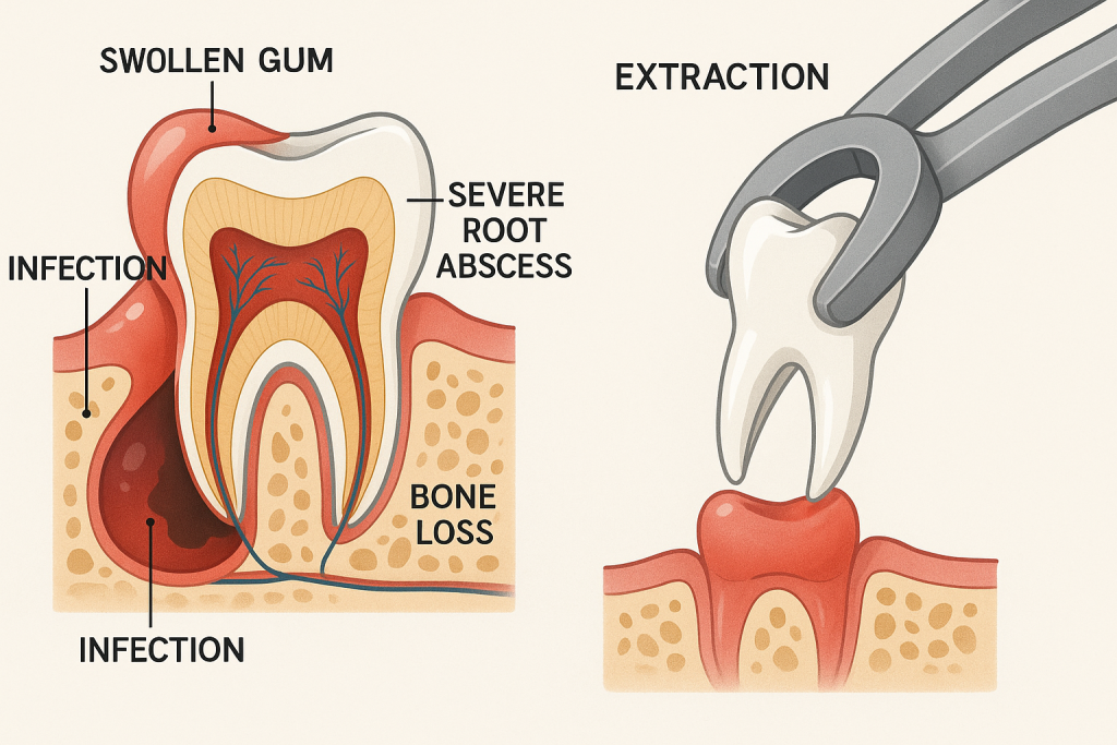 Educational diagram illustrating a cross-sectioned molar with severe root abscess, swollen gum, bone loss, and labeled tissues. The right side shows the infected tooth being extracted with forceps, highlighting causes for extraction during dental abscess treatment.