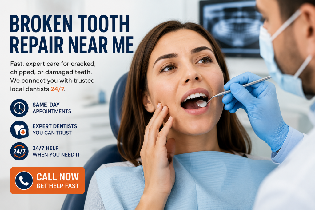 Emergency dentist examining a patient for broken tooth repair in a clean dental clinic