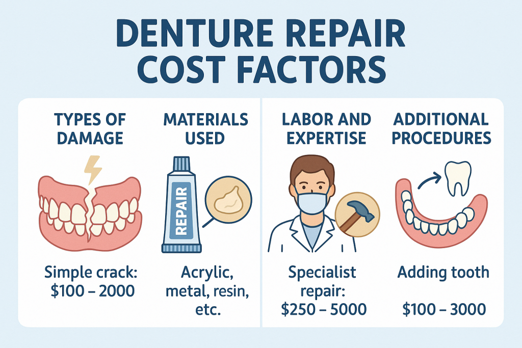 Infographic illustrating denture repair cost factors, showing sections for types of damage like simple cracks, materials used, labor and expertise, and additional procedures. Clean vector icons and clear headers help patients understand denture repair expenses with cost examples for each factor.
