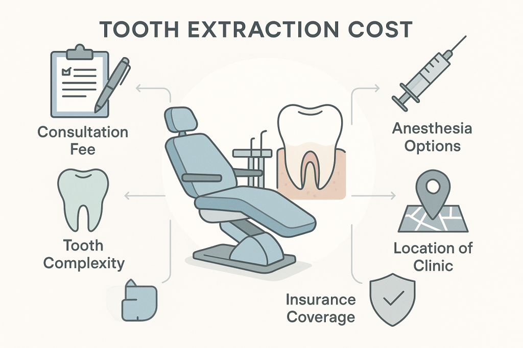 Minimalist infographic showing tooth extraction cost factors with icons: clipboard for consultation, tooth for complexity, syringe for anesthesia, map marker for clinic location, and shield for insurance. Central illustration of dental chair and tooth, using soft colors for an accessible, scannable patient guide.