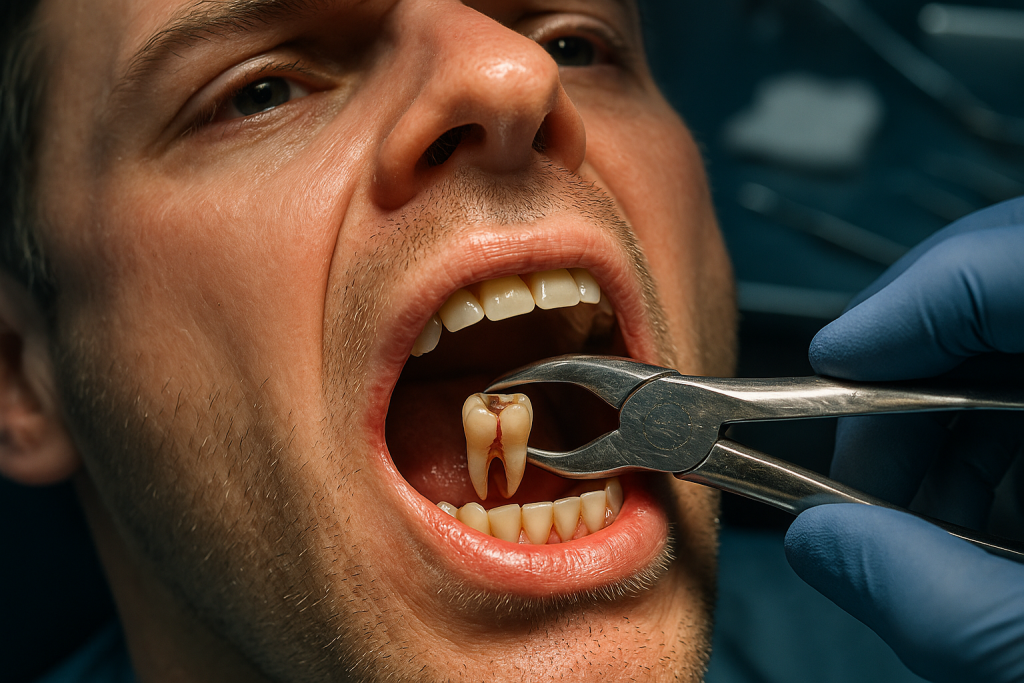 Macro photo of a distressed adult patient’s mouth during urgent emergency tooth extraction, highlighting a cracked, bleeding molar gripped by gloved dentist’s forceps under intense operatory lighting. Surrounding healthy and decayed teeth, inflamed gums, and blurred dental instruments are visible for clinical context.
