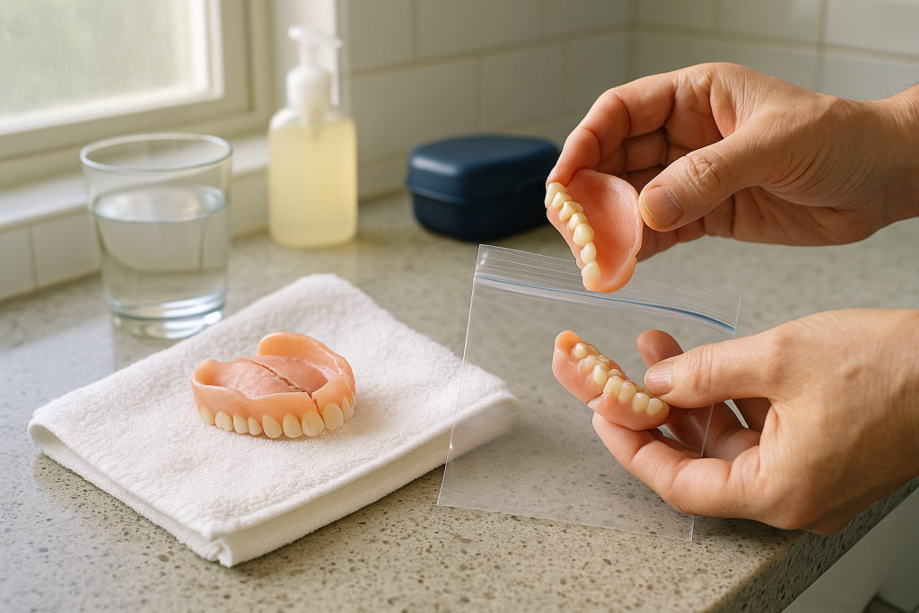 A realistic photo of hands carefully placing cracked dentures into a ziplock bag on a clean bathroom counter, with a towel, glass of water, mild soap, and denture case nearby, illustrating first aid steps after a denture break.