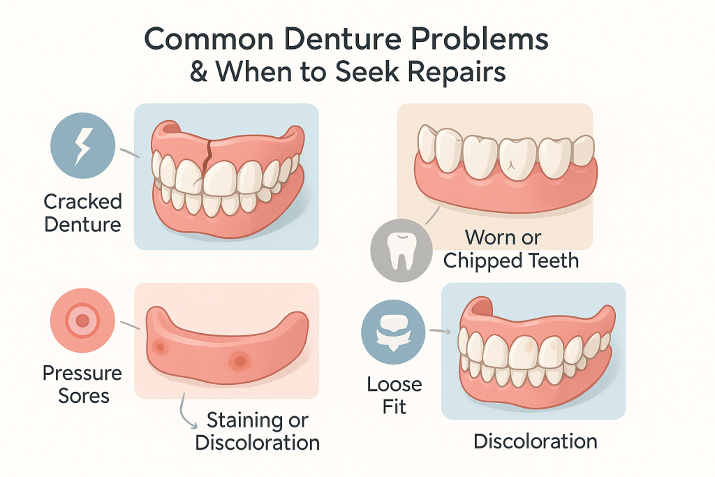 Educational infographic illustrating common denture problems, including cracked base, chipped teeth, gum pressure sores, loose fit, and staining. Each issue is labeled with clear icons and arrows on a clean white background, using pastel accents for clarity. Title reads 'Common Denture Problems & When to Seek Repairs.'