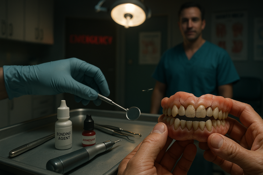 A nervous patient holds broken dentures in an emergency dental clinic at night. A dentist in gloves prepares repair tools on a sterile table, demonstrating swift professional care for urgent denture fixes. The scene captures urgency, hope, and real-life dental emergency details.