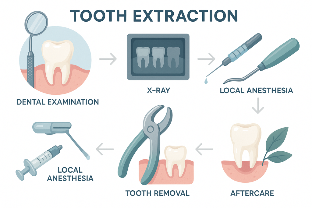 Educational infographic showing step-by-step tooth extraction, from dental exam, X-ray, local anesthesia, loosening with elevators, forceps extraction, to aftercare. Features labeled vector illustrations of tools and tooth, with calming blues and greens, designed for urgent patient education in a dental clinic.