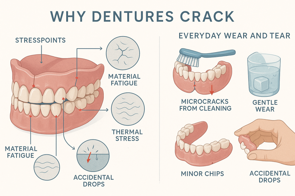 Educational infographic showing why dentures crack with labeled vector diagrams highlighting stress points, microfractures, material fatigue, pressure from chewing, hot and cold exposure, accidental drops, and gradual wear from cleaning. Includes realistic cross-section of dentures, gentle abrasion icons, and clear section headers for dental education.