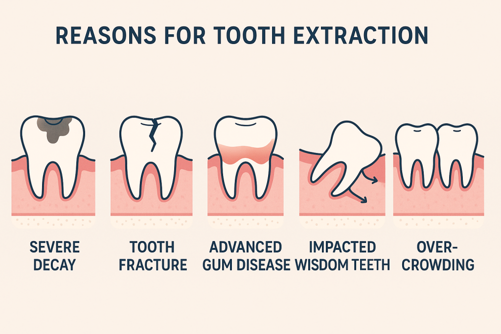 Educational infographic showing five reasons dentists extract teeth: severe decay, tooth fracture, advanced gum disease, impacted wisdom teeth, and overcrowding. Modern vector images and clear labels support patient education in a clean, easy-to-read layout.