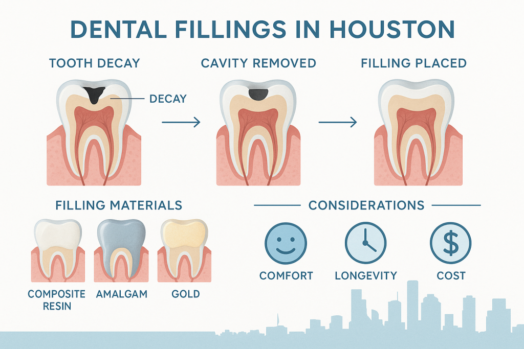 Educational infographic showing tooth cross-section with cavity removal and illustrations of composite resin, amalgam, and gold fillings. Visual icons represent comfort, longevity, and cost. Modern, friendly design with blue accents and Houston skyline, intended for patients learning about dental fillings.