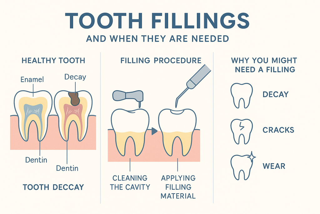 Educational infographic showing healthy and decayed teeth, a step-by-step tooth filling procedure, and icons for common reasons fillings are needed, including decay, cracks, and tooth wear. Organized in three sections with clear labels and patient-friendly design.