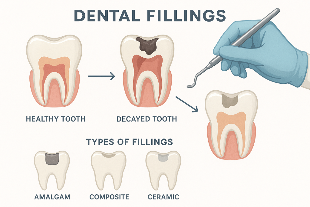 Educational infographic showing healthy and decayed teeth, dental filling steps, and types of fillings. Includes vector illustrations, dentist’s gloved hand with instrument, labeled captions, arrows, and clear headings. Design uses calming colors and open space for accessibility, ideal for dental education.