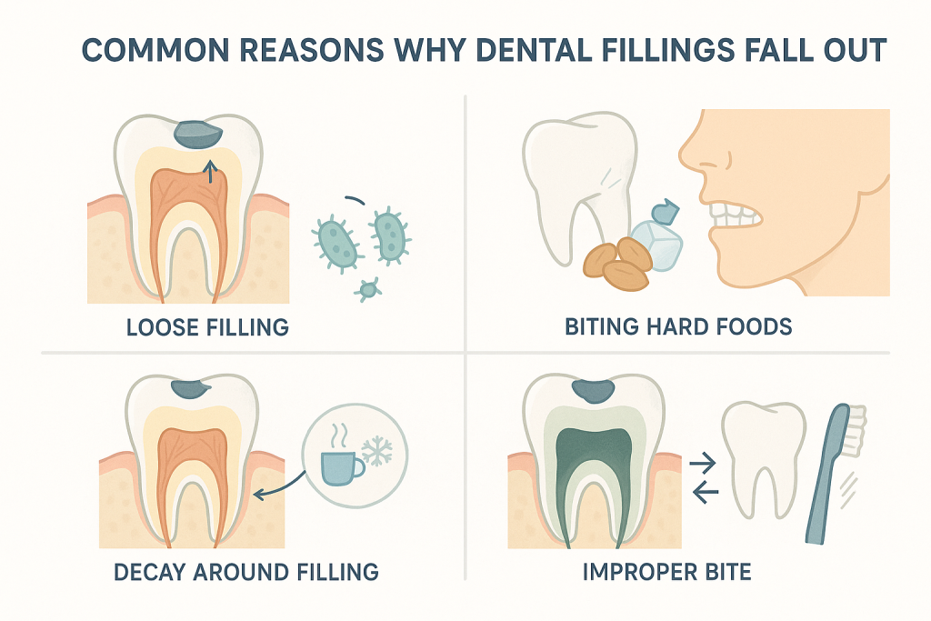 Infographic showing common reasons dental fillings fall out: loose filling in tooth cross-section, hard foods causing cracks, decay under filling, improper bite pressure, icons for bacteria, thermal stress, and worn tools, visually organized for patient education with labeled sections and gentle colors.