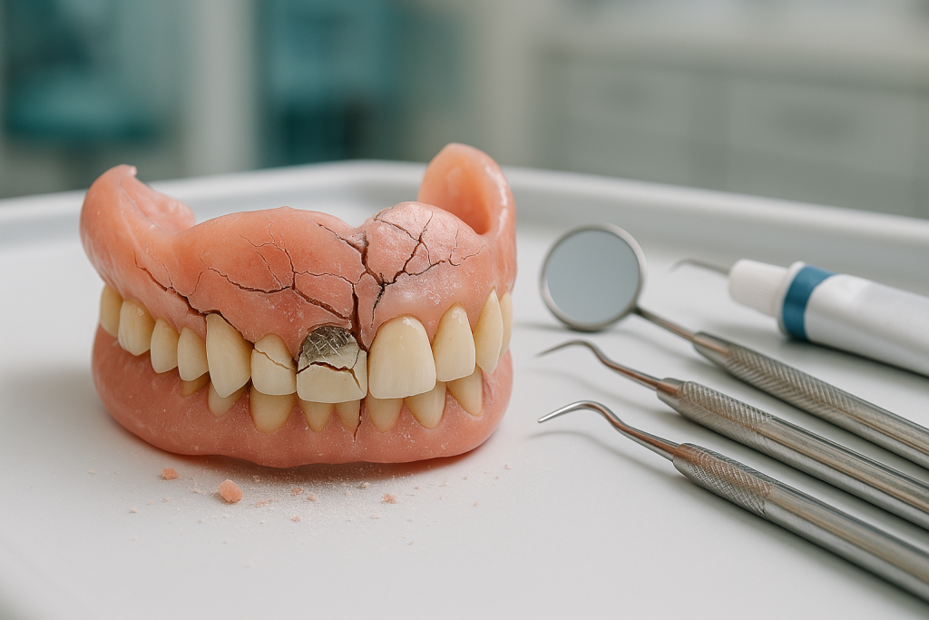 Close-up of a broken upper denture with visible cracks and misaligned teeth on a white dental tray, surrounded by used dental tools and adhesive, emphasizing the need for urgent denture repair in a clinical setting.