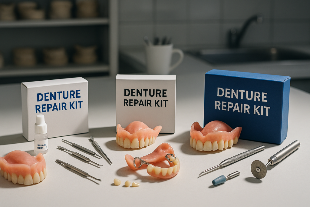 Three denture repair kits, basic, mid-range, and premium, displayed on a white countertop among partial and full dentures, dental tools, and adhesives, in a modern, well-lit dental workspace, emphasizing practical and accessible denture repair solutions for various budgets.