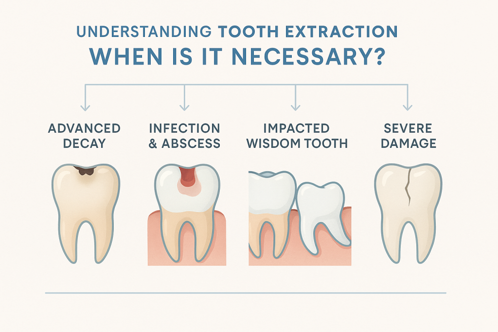 Educational infographic explaining when tooth extraction is necessary, with labeled vector illustrations of advanced decay, infection and abscess, impacted wisdom tooth, and severe damage. Clear icons, arrows, and readable labels enhance understanding in a clean, accessible clinic or classroom design.