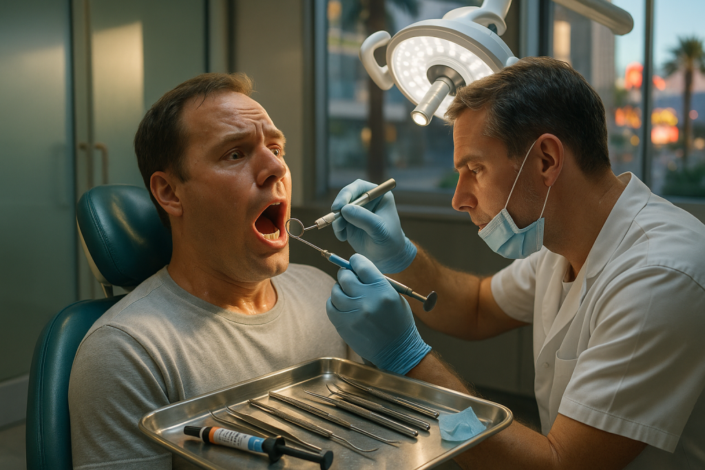 A dentist applies an urgent tooth filling to an anxious adult patient in a modern Las Vegas clinic. Tools, bright lighting, and cityscape in the background convey professionalism, urgency, and dental care for sudden emergencies.
