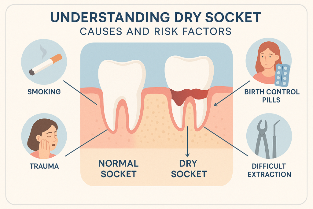 Educational infographic showing jaw cross-section with normal and dry socket, exposed bone, and icons for dry socket risk factors: smoking, birth control, oral trauma, and difficult extraction. Clean modern design, labeled arrows, subtle gradients, and white space for easy dental patient understanding.