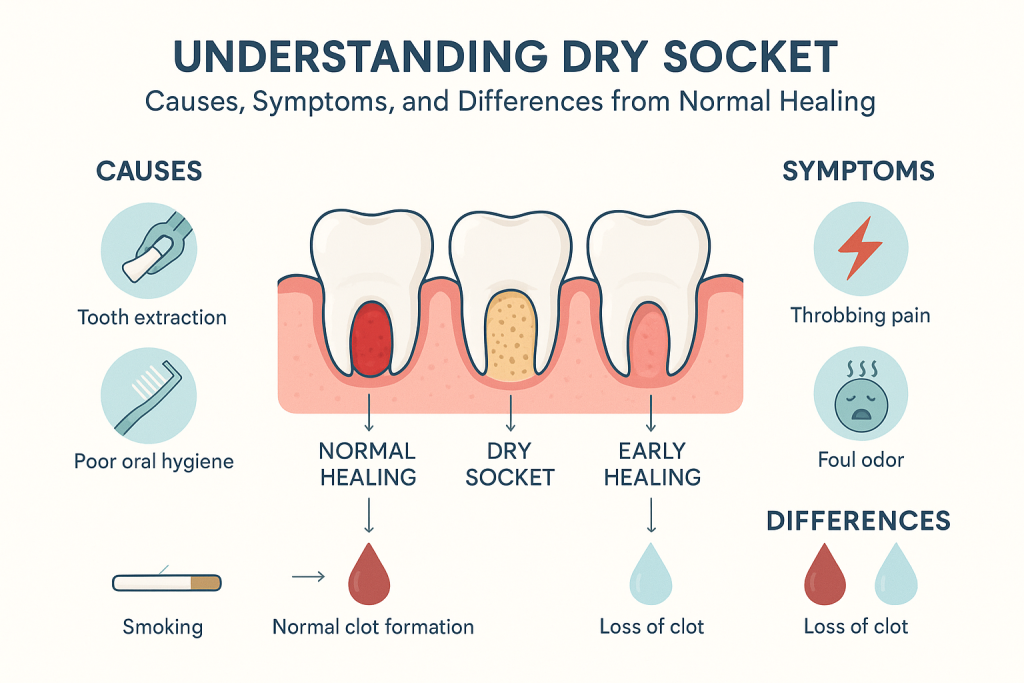 Educational infographic showing a cross-section of three jaw tooth sockets: normal healing with blood clot, dry socket with exposed bone, and early healing. Surrounding icons depict causes, symptoms, and healing differences of dry socket, labeled for patient understanding in clear fonts and soft medical colors.