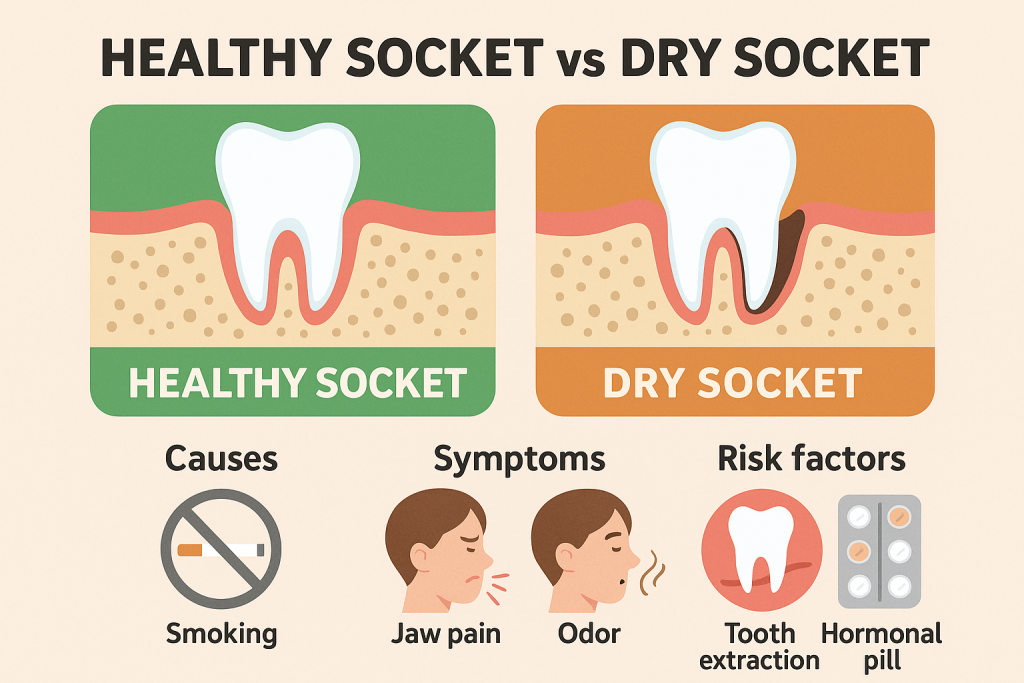 Educational infographic comparing healthy and dry tooth sockets, featuring cross-section jaw illustrations, icons for causes like smoking, symptoms such as jaw pain and odor, and risk factors like tooth extraction and hormonal pills. Color-coded sections highlight the key differences for easy understanding.