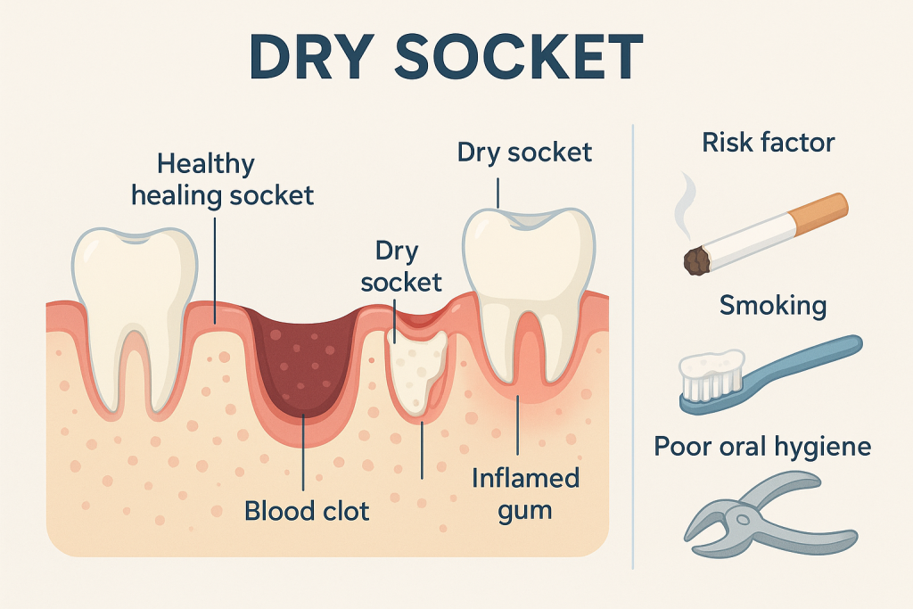 Educational poster showing a cross-section of the jawbone after tooth extraction, comparing a healthy socket with protective blood clot and a dry socket with exposed bone, inflamed gum, and pain zones. Risk factors like smoking and poor hygiene are highlighted with vector icons.