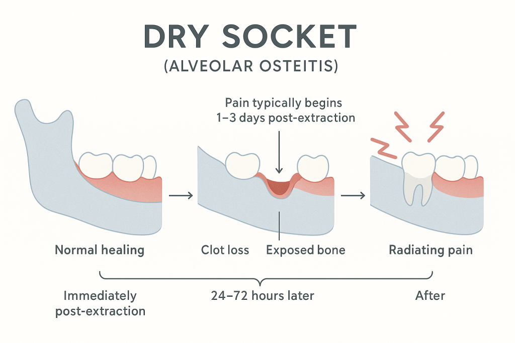 Infographic showing dry socket development after dental extraction, with three chronological stages: initial healing with blood clot, clot loss and exposed bone at 1–3 days, and peak pain with swelling. Clear labels highlight normal healing, clot loss, pain onset, exposed bone, and radiating pain.