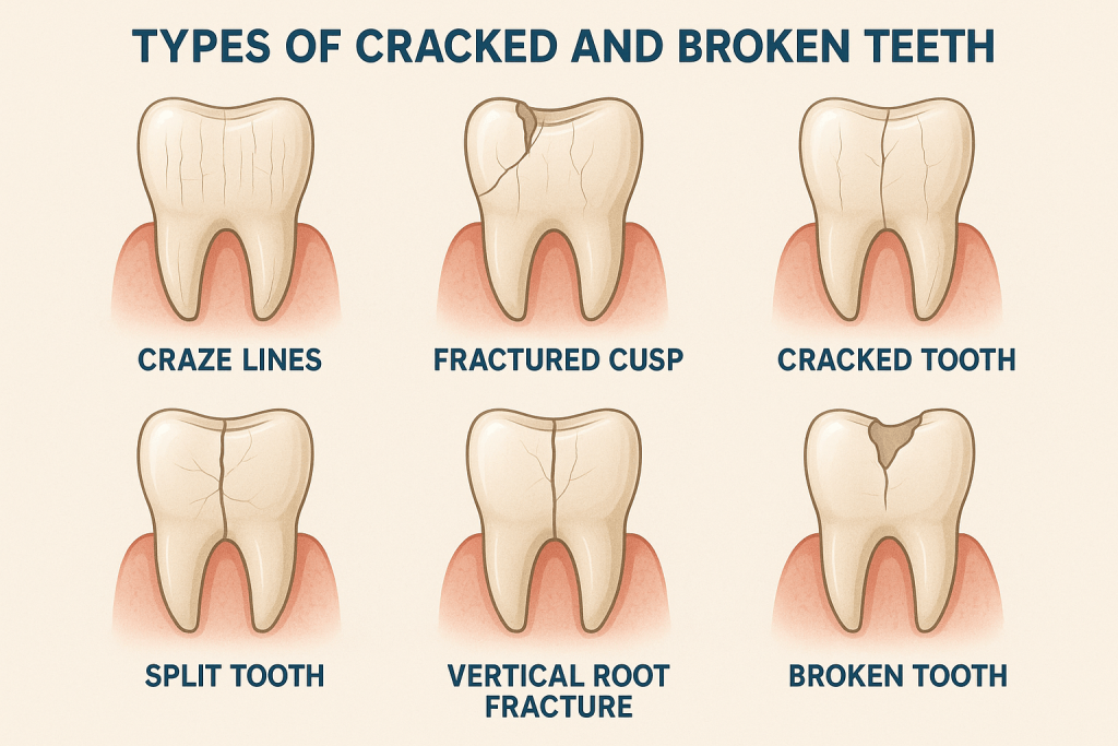Educational poster illustrating six types of cracked and broken teeth with labeled diagrams including craze lines, fractured cusp, cracked tooth, split tooth, vertical root fracture, and broken tooth for dental patient education.