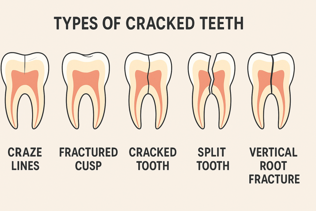 Infographic illustrating five cracked tooth types, craze lines, fractured cusp, cracked tooth, split tooth, and vertical root fracture, each shown with labeled cross-section molar diagrams highlighting different crack patterns and levels of tooth structure damage. Educational material for dental clinics and patients.