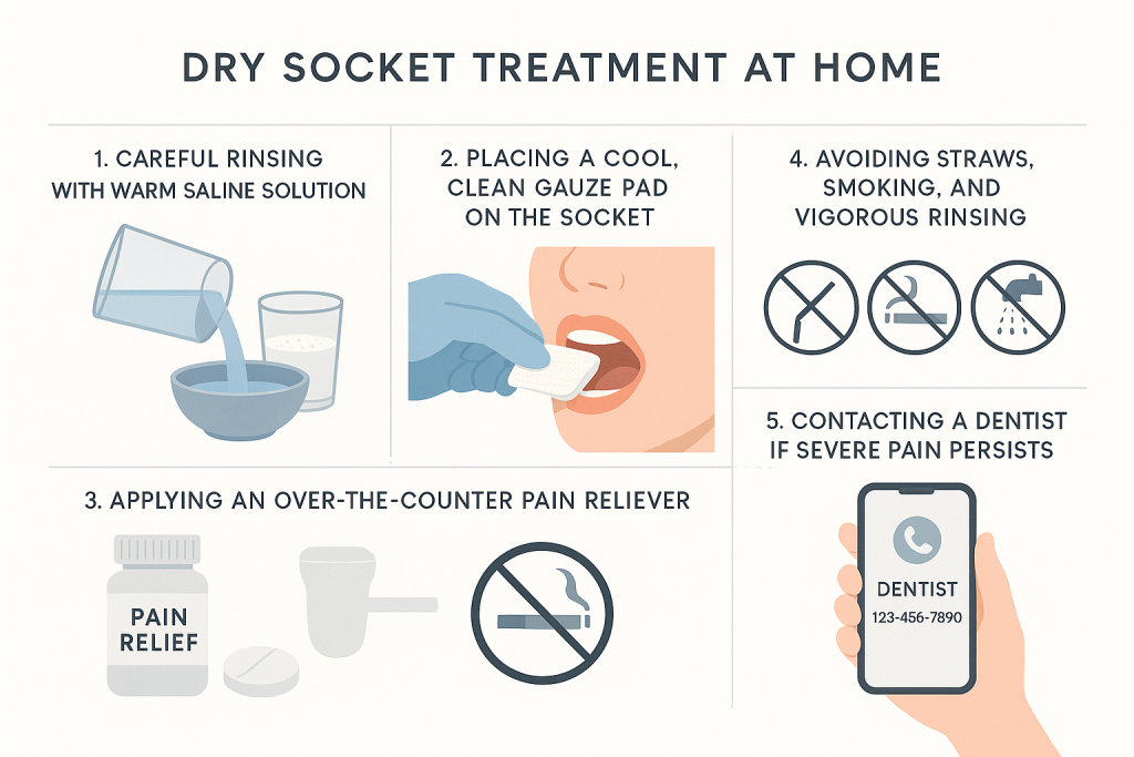 Educational infographic showing five steps for effective dry socket treatment at home, including rinsing with saline, applying clean gauze, using pain reliever, avoiding straws and smoking, and contacting a dentist if severe pain continues.