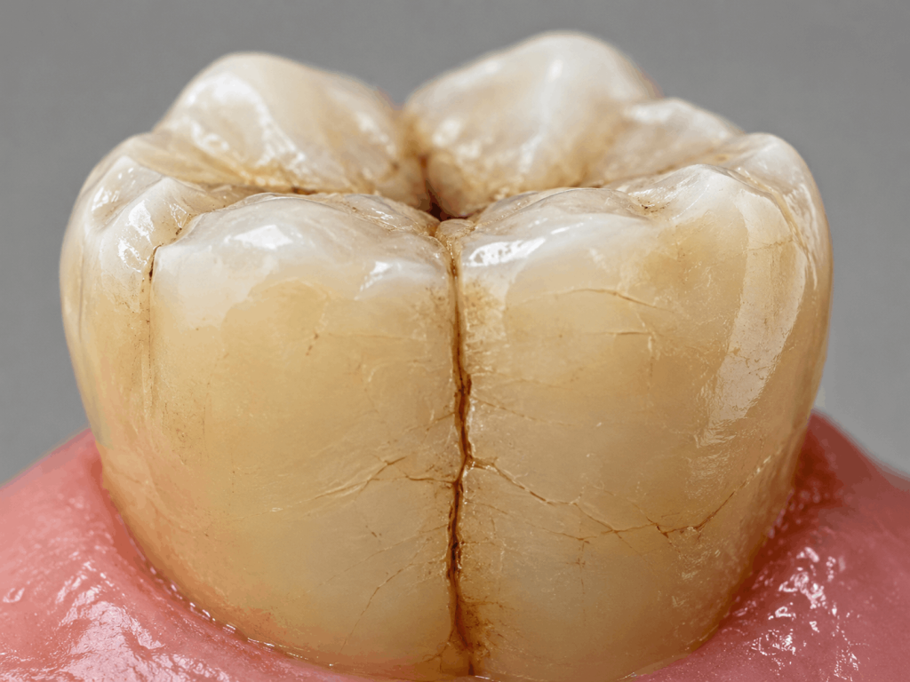 Macro photo of a human molar showing a vertical crack in the enamel and dentin, with visible microfractures, subtle stains, and fine texture. Slight gum tissue is at the base. Focus highlights signs and symptoms of cracked teeth on a neutral background.