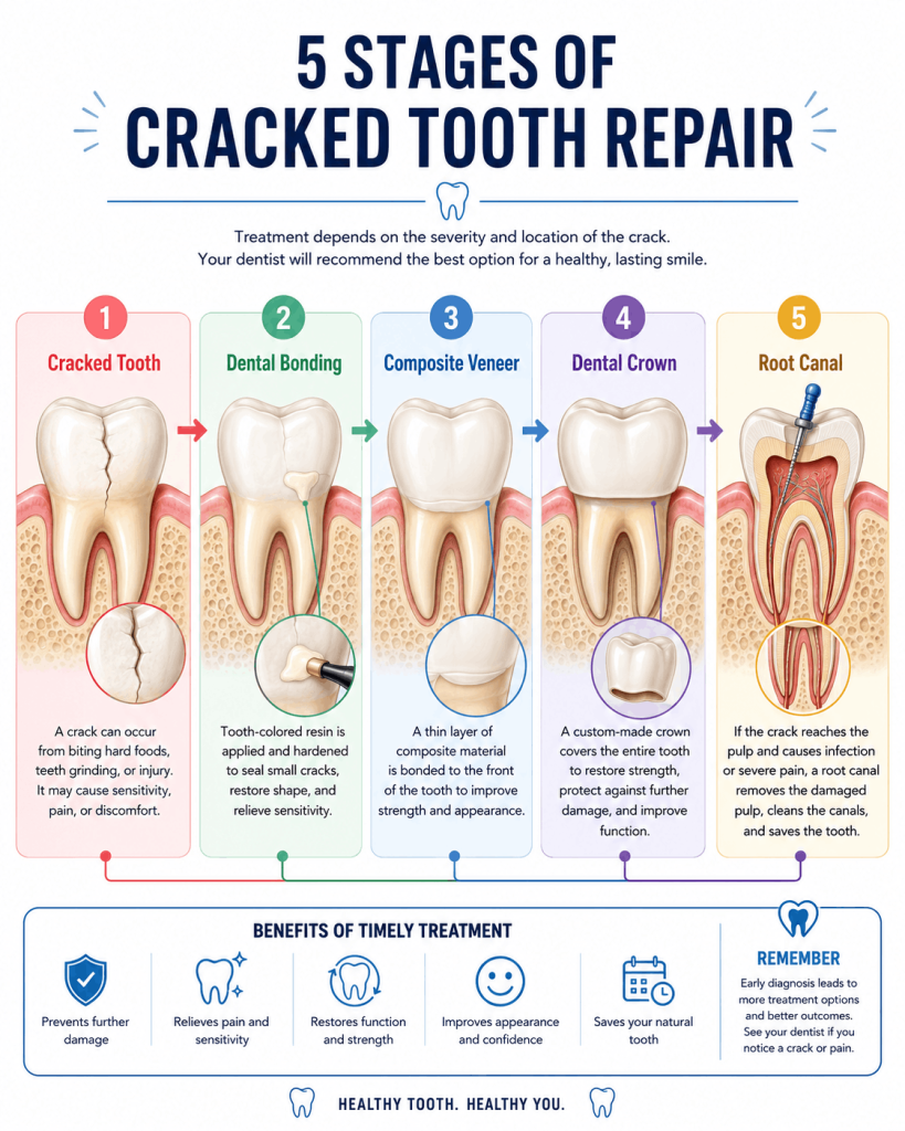 Educational poster illustrating five cracked tooth repair stages: cracked tooth, dental bonding, composite veneer, dental crown, and root canal, each clearly labeled with color-coded lines and pastel backgrounds. Realistic tooth illustrations in flat vector style provide clear, accessible treatment explanations for dental patients or students.